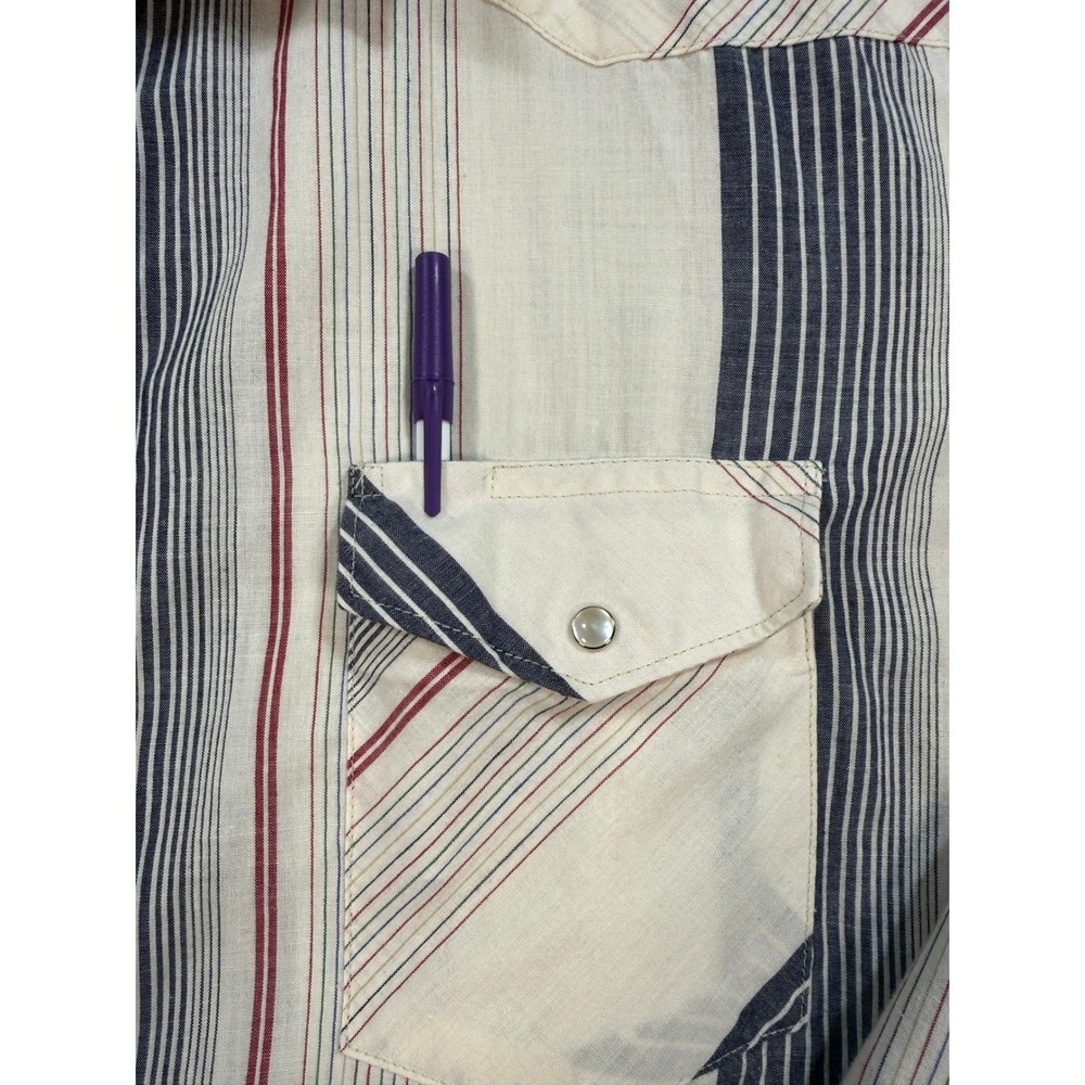 VTG Wrangler Western Pearl Snap Shirt Striped Red Cream Blue 2XL Yoke Americana - Picture 11 of 16